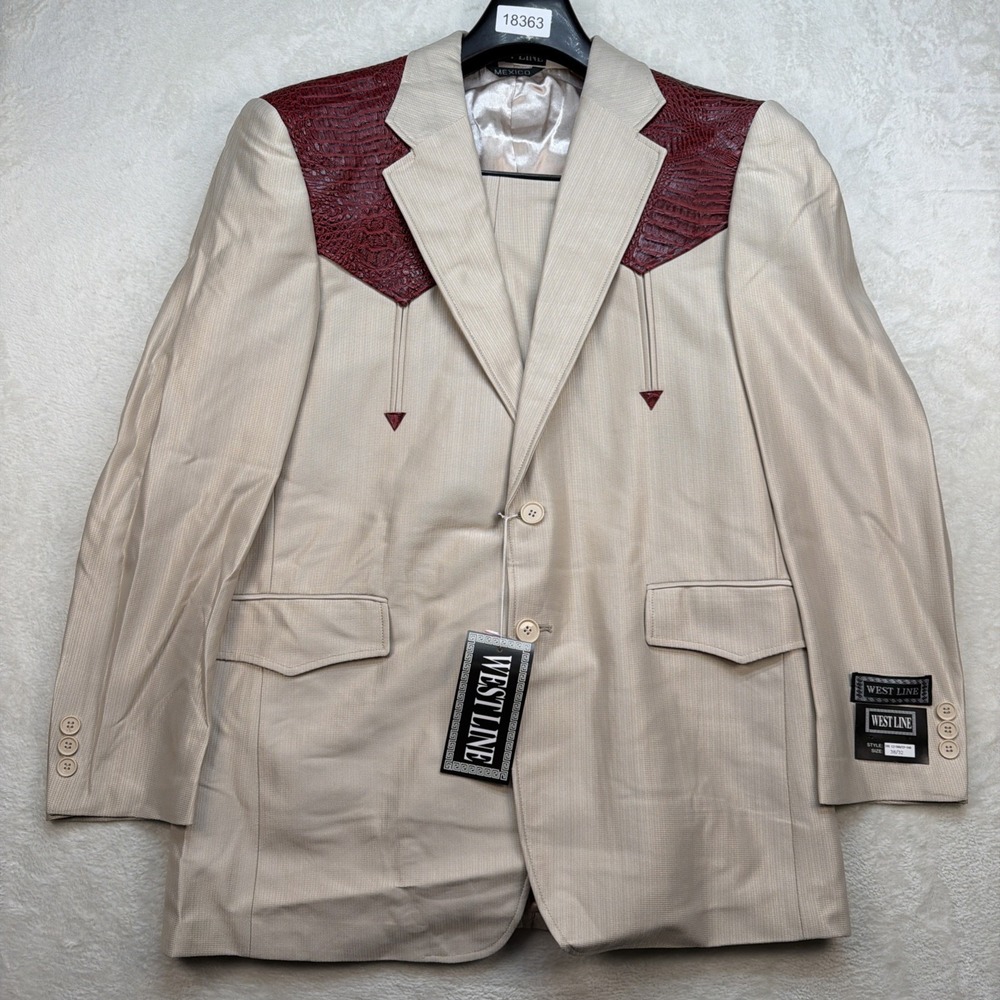 Deadstock Western Suit Rockabilly Stage Cowboy Yoke Cream Burgundy 38R 32